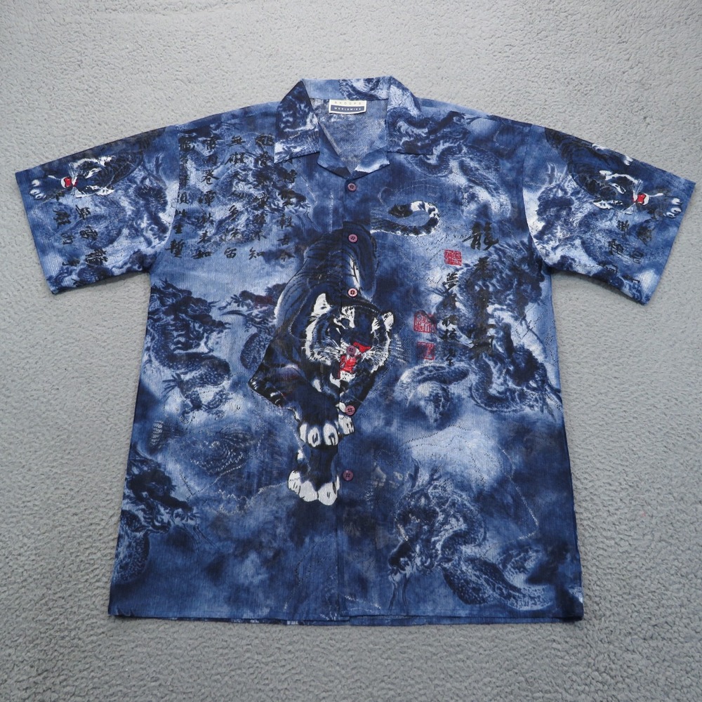 VTG Skoops Worldwide Mens XL Blue Tiger Dragon Mesh Skater Camp Shirt Y2K 90s